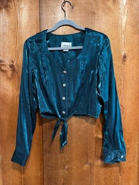 Vintage 90s Banjo Dallas TX Teal Iridescent Shimmer Tie Front Cropped Blouse M